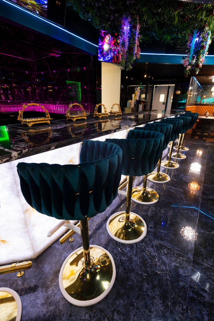 The bar with velvet stools
